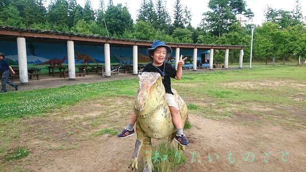 長尾山総合公園のフクイラプトルに股がる子供